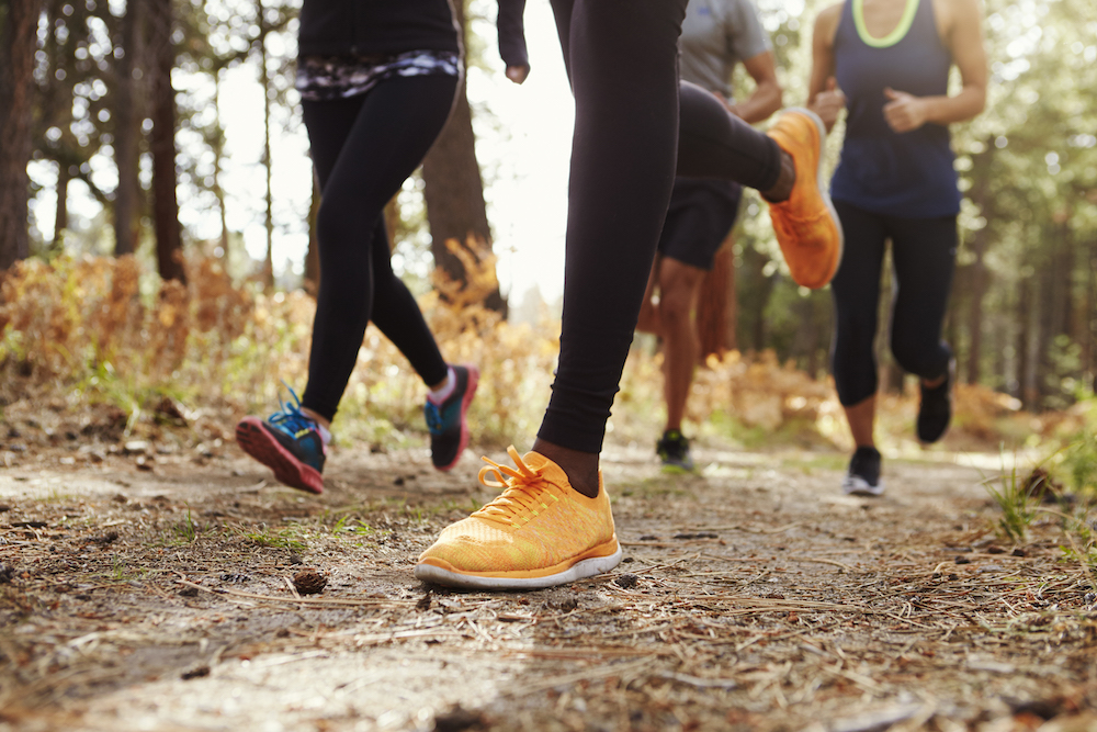Runners jogging along a dirt trail in fall